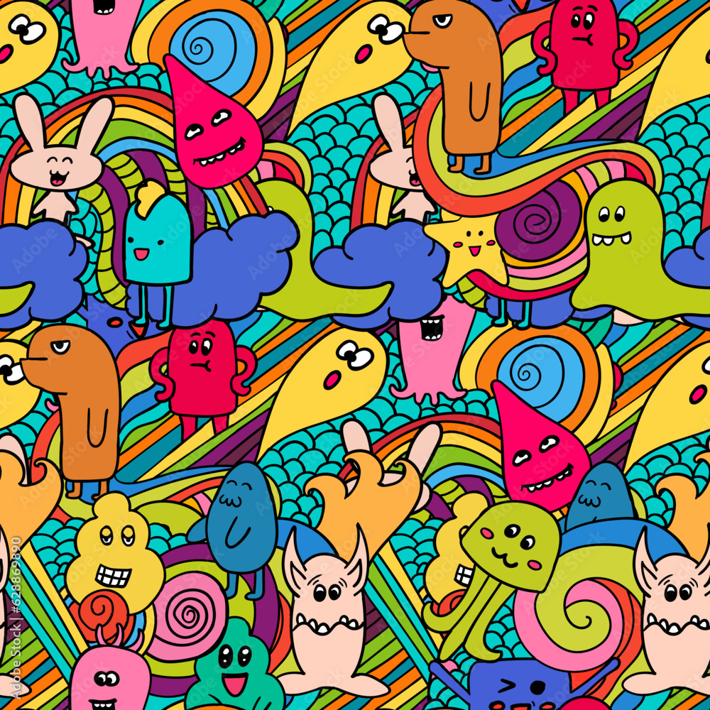 cute colorful doodle monster with seamless pattern 