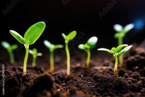 Green plants sprouting in soil close-up isolated on background.