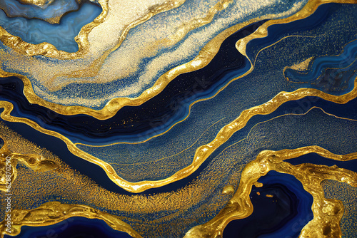 Blue and golden acrylic liquid ink swirl abstract background with ravishing turbulence wavy pattern and detailed texture. Luxury fluid liquid art by Generative AI.