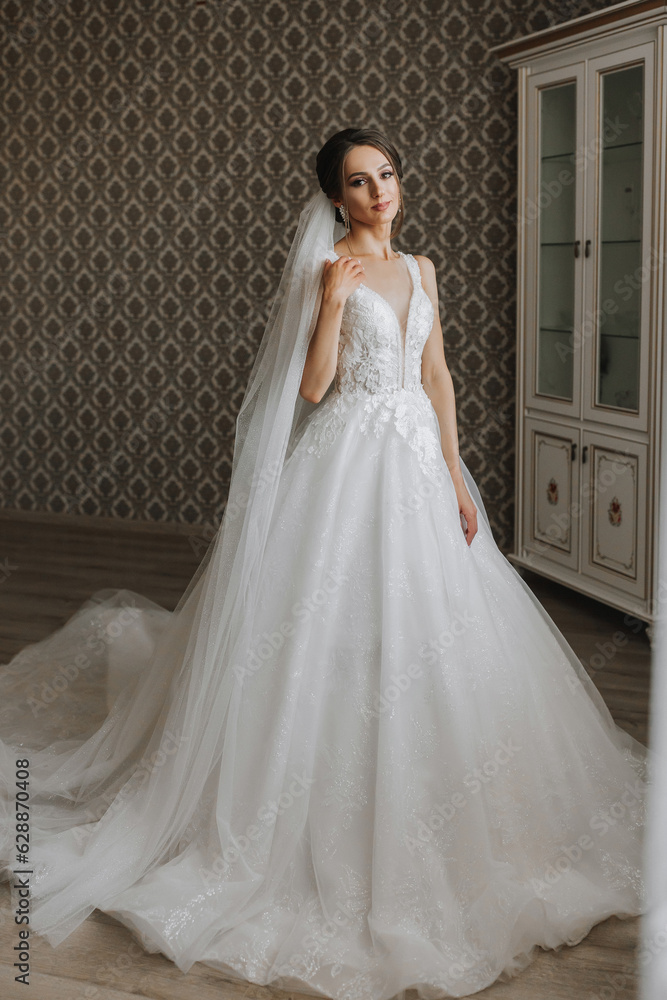 The brunette girl is preparing for the wedding. Portrait photo of a bride in a wedding dress with an elegant hairstyle and luxurious makeup, full-length photo The brunette girl is preparing for the wedding. Portrait photo of a bride in a wedding dress with an elegant hairstyle and luxurious makeup, full-length photo