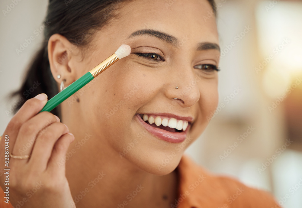 Brush, makeup and woman with a smile, beauty and skincare with dermatology, self care and happiness. Person, happy and girl with cosmetic tool, eyeshadow for facial treatment and applying product Brush, makeup and woman with a smile, beauty and skincare with dermatology, self care and happiness. Person, happy and girl with cosmetic tool, eyeshadow for facial treatment and applying product