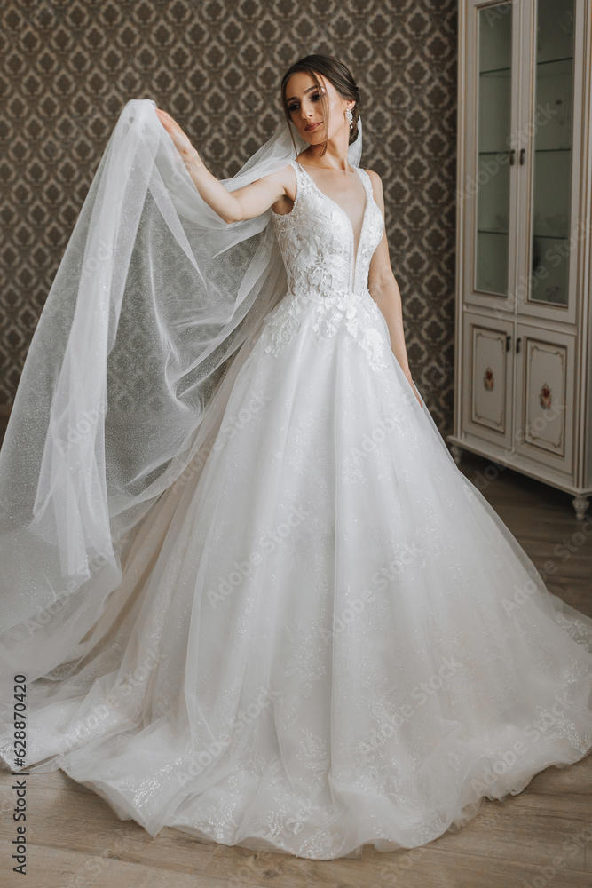 The brunette girl is preparing for the wedding. Portrait photo of a bride in a wedding dress with an elegant hairstyle and luxurious makeup, full-length photo The brunette girl is preparing for the wedding. Portrait photo of a bride in a wedding dress with an elegant hairstyle and luxurious makeup, full-length photo