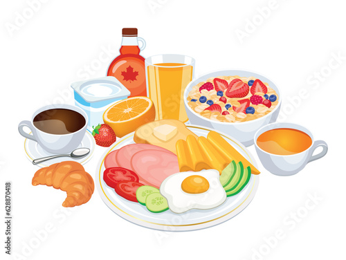 Big breakfast with many food and drinks vector illustration. Healthy full breakfast still life icon set on a white background. Coffee, orange juice, tea, croissant, fruits and vegetables vector