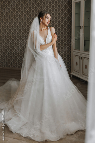The brunette girl is preparing for the wedding. Portrait photo of a bride in a wedding dress with an elegant hairstyle and luxurious makeup, full-length photo