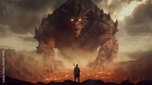 A hero standing on a mountain and looking at a monster coming for him