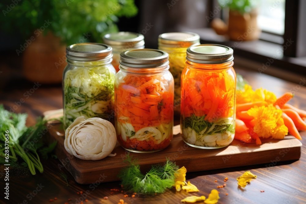 Rolled jars with chopped and pickled cabbage, carrots, spices and herbs. Rolled jars with chopped and pickled cabbage, carrots, spices and herbs.