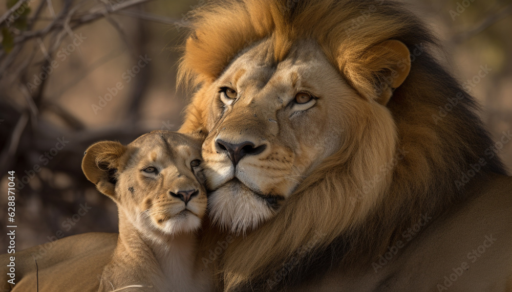 This proud male aftican lion is cuddled by his cub during an affectionate moment. generative ai This proud male aftican lion is cuddled by his cub during an affectionate moment. generative ai