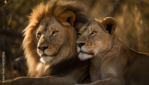 This proud male aftican lion is cuddled by his cub during an affectionate moment. generative ai