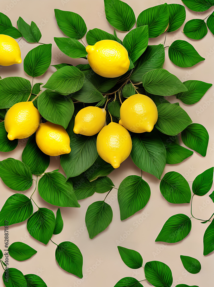 Floral painted lemons leaves 3D neutral colors.