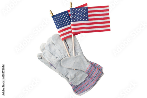 Foto Protective work gloves and us flags isolated on transparent labor day background