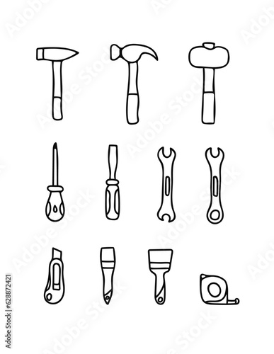 Building tools. Construction hardware, screwdriver, hammer, wrench, utility knife, measuring tape in cartoon doolde scribble style. Hand drawn trendy outlined equipment (Full Vector)
