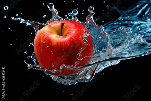 Juicy red ripe apple, splash in water
