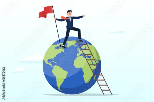Success businessman climb up ladder holding winning flag on globe, winning world, global business success, international opportunity to grow and expand business, worldwide career development (Vector)