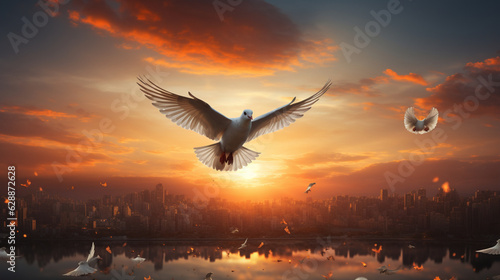 A sunset over a city skyline with doves flying overhead, signifying the aspiration for a peaceful world Generative AI