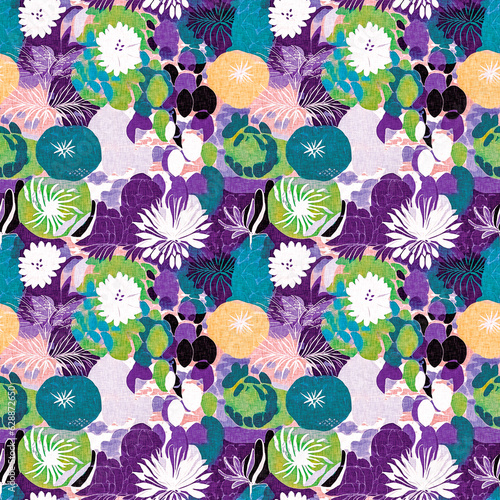 Modern purple summer collage paper cut out shapes pattern with fabric effect design. Seamless fun nature inspired fashion repeat for trendy textile washed print backdrop.