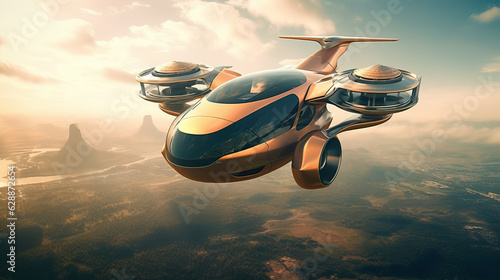 Futuristic anti-gravity aircraft, a beautiful flying object in golden color photo