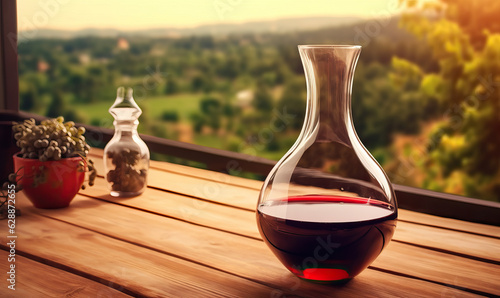Red wine decanter in vineyard landscape photo