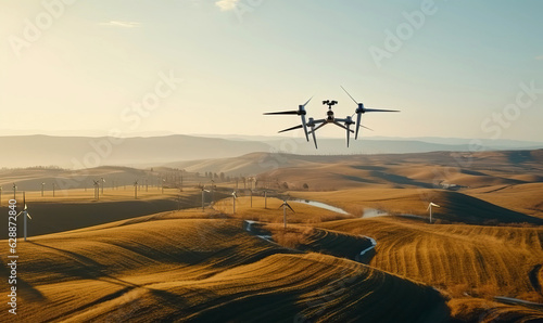 Aerial inspection of a wind farm. A drone with a video camera against the background of the sky and hills flies over the field of wind power generators