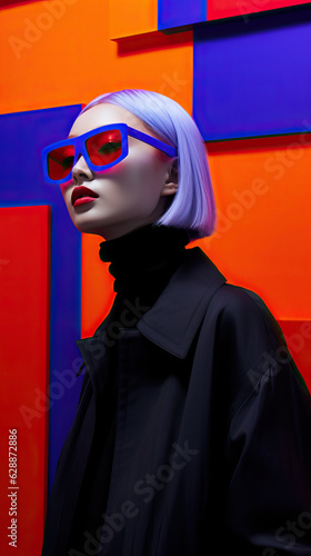 Fashionable geometric portrait. Oriental woman in fashionable glasses and blond hair.