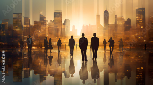 Business background with businessmen sihouettes walking on a reflective surface with modern city buildings behind. 