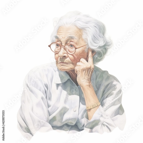 White old woman in thinking and doubts photorealistic illustration. Female character with dreamy face on abstract background. Ai generated realistic soft colored poster.