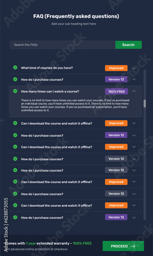 FAQ, frequently asked questions on any topic and answers to them. Template for website, social media, brochure. Question, answer layout in expand collapse accordion style for education and business. 
