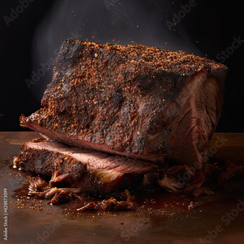 Sliced smoked brisket sliced with dry rub seasoning created with Generative AI technology