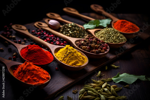 Spices and herbs on wooden spoons and cuisine ingredients. Dark background
