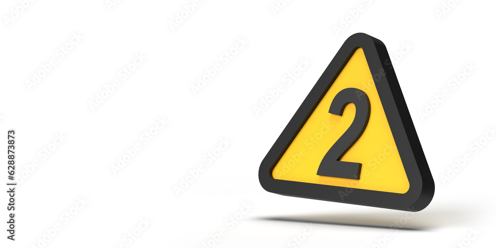 Caution concept: Warning triangle sign with Number 2 symbol on framed yellow geometric icon on white empty background. 3D render design copy space template. Set of 14 images. Clipping path incl. Caution concept: Warning triangle sign with Number 2 symbol on framed yellow geometric icon on white empty background. 3D render design copy space template. Set of 14 images. Clipping path incl.