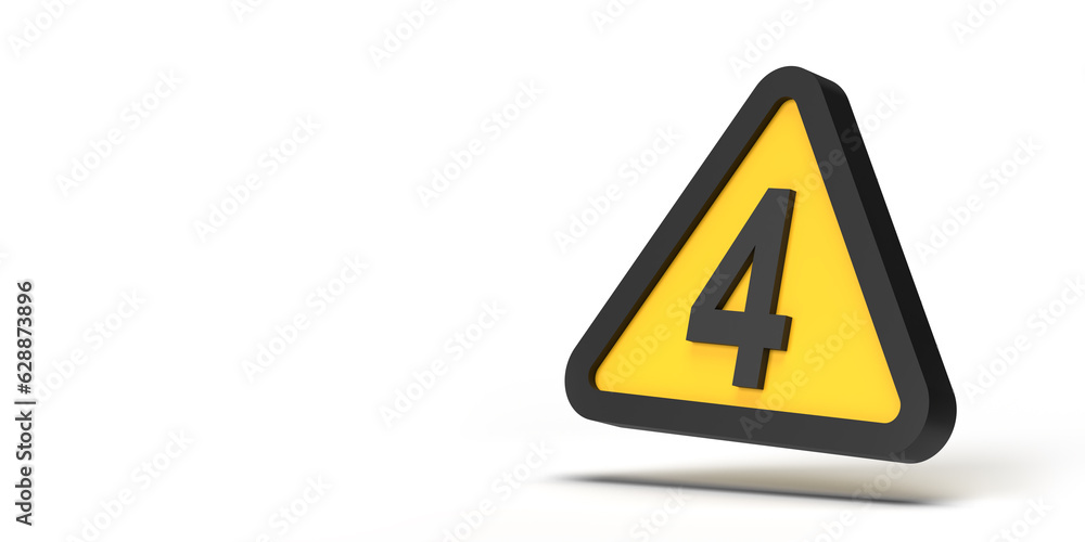 Caution concept: Warning triangle sign with Number 4 symbol on framed yellow geometric icon on white empty background. 3D render design copy space template. Set of 14 images. Clipping path incl. Caution concept: Warning triangle sign with Number 4 symbol on framed yellow geometric icon on white empty background. 3D render design copy space template. Set of 14 images. Clipping path incl.