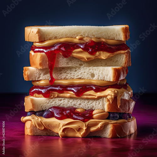 Gooey peanut butter and jelly sandwiches sliced and stacked high with oozing jelly created with Generative AI technology