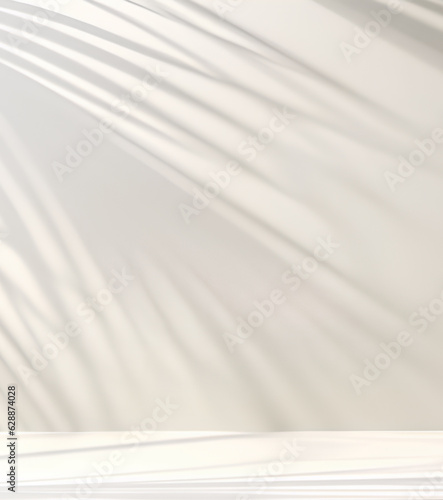Empty modern, minimal counter in dappled sunlight and tropical palm leaves shadow on cream white wall for luxury beauty, fashion cosmetic product display background, Generative AI