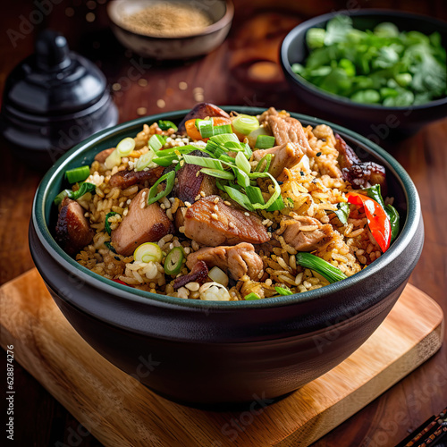 Chinese pork fried rice in a bowl 
