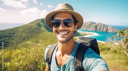 young man tourist in sunglasses and hat taking selfie in nature by the lake in mountains, made with Generative AI