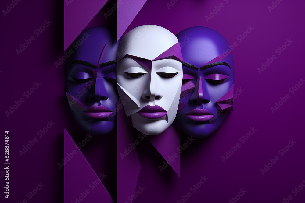 Three abstract geometric faces isolated on a black background. Bold, vivid constructs. Emotion