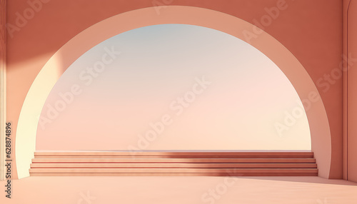abstract modern minimal background with archway on desert landscape, gates and sand dunes