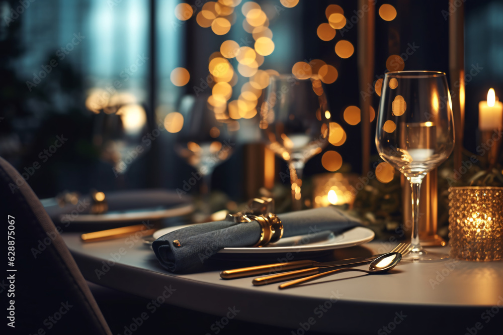 Elegant table setting with candles in restaurant. Selective focus. Romantic dinner setting with candles on table in restaurant.