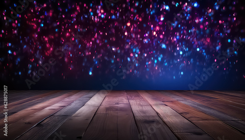 Wooden table with blurred bokeh background and neon light.