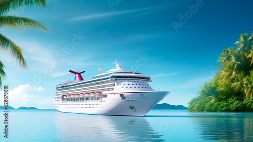 Sea travel banner with white cruise ship anchored close to exotic tropical island. Cruise To Caribbean. Sea vacation. Cruise, travel and relax concept. Banner size, copy space