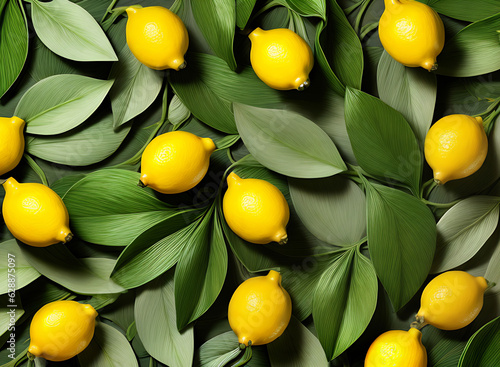 Lemons leaves on floral painted 3D background.
