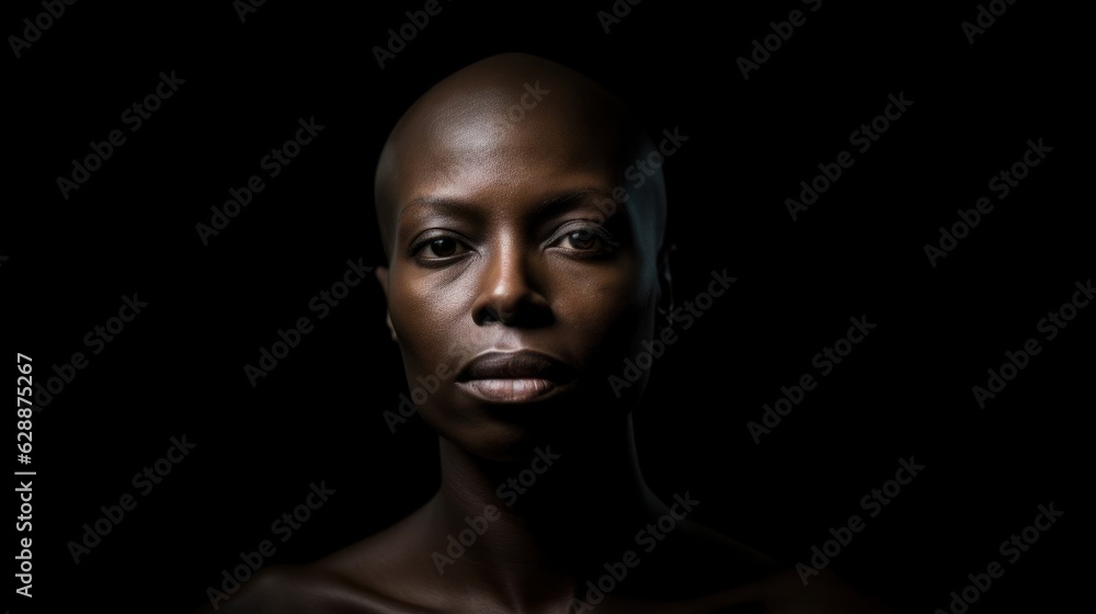 Emotional portrait of a bald African woman on black background Emotional portrait of a bald African woman on black background