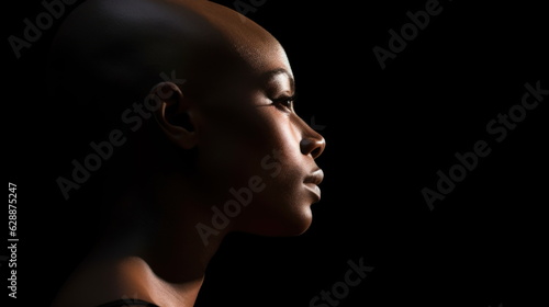 Emotional portrait of a bald African woman on black background