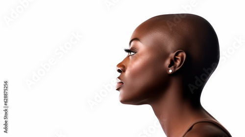 Emotional portrait of a bald African woman on white background