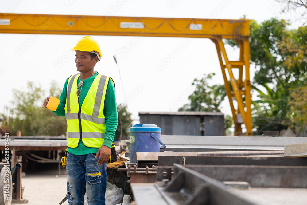 Take a break from hard work. Tired hot wiping sweat. Construction worker man people drinking water from cold flask Take a break from hard work. Tired hot wiping sweat. Construction worker man people drinking water from cold flask