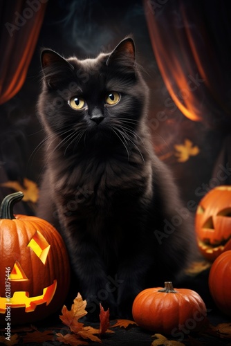 Fluffy cute black cat  with pumpkin jack o lantern on dark background with fall leaves. Halloween autumn concept. Vertical background © ratatosk
