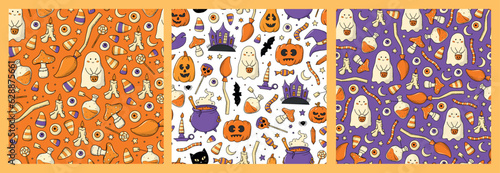 set of 3 Halloween seamless patterns with doodles for nursery prints, cards, wallpaper, textile, wrapping paper, scrapbooking, backgrounds, etc. EPS 10