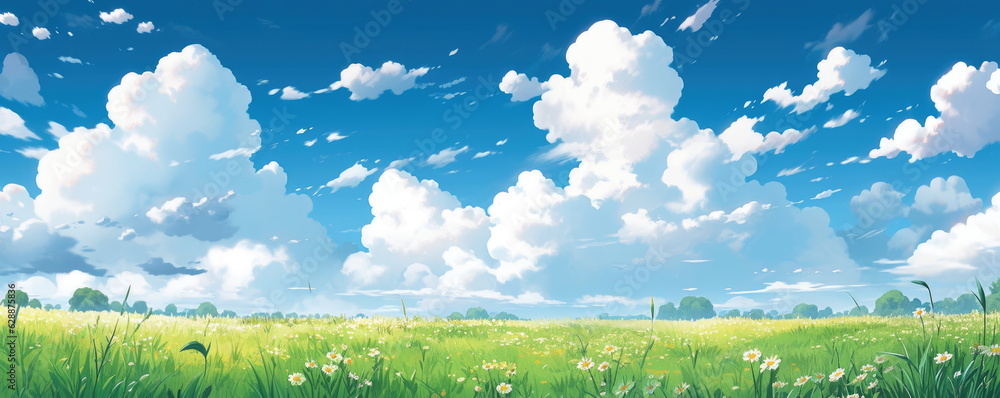 Fototapeta premium Beautiful grassy fields and summer blue sky with fluffy white clouds in the wind. Wide format. Hand edited generative AI.