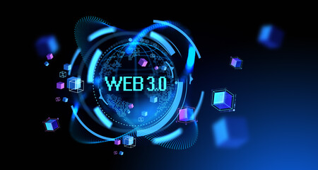 Glowing web 3.0 hologram hud with earth sphere and data blocks