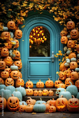 house entrance decorated with pumpkins
