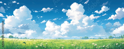 Beautiful grassy fields and summer blue sky with fluffy white clouds in the wind. Wide format. Hand edited generative AI.